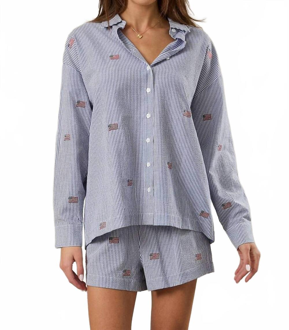 NEW SUNDAY EDITION ellen flag embroidered oversized shirt in navy-white stripe